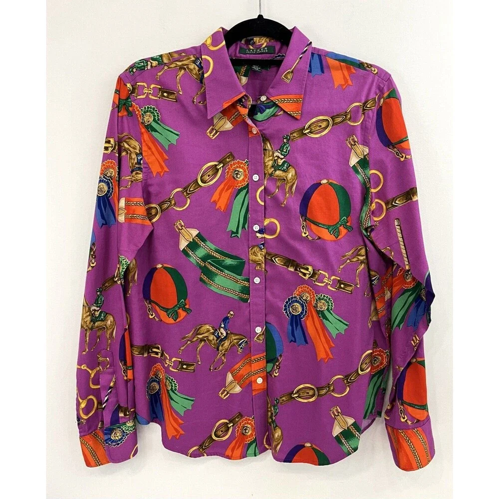 RALPH LAUREN Womens SHIRT Top Purple Equestrian Polo Horse Chain L - Picture 1 of 7